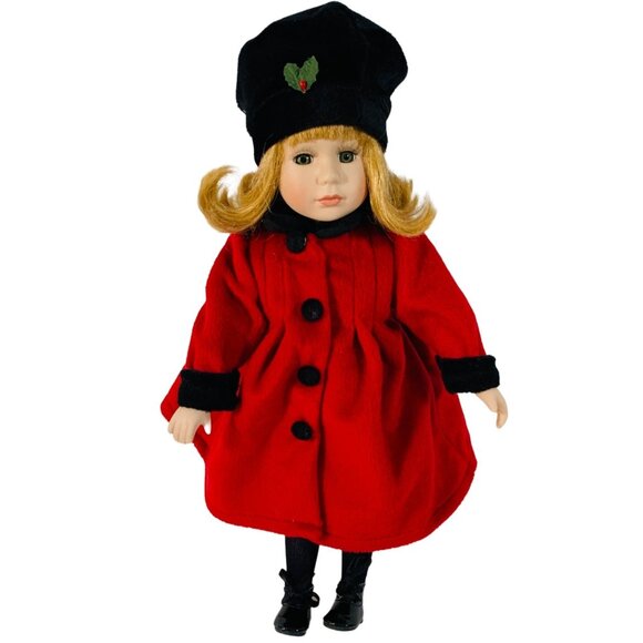 Vintage Christmas Porcelain Doll Red Coat Holiday Mantel Decor - Picture 2 of 9